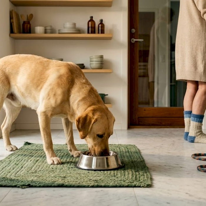 Hunden får serveret sin specialkost hjemme i det danske køkken.