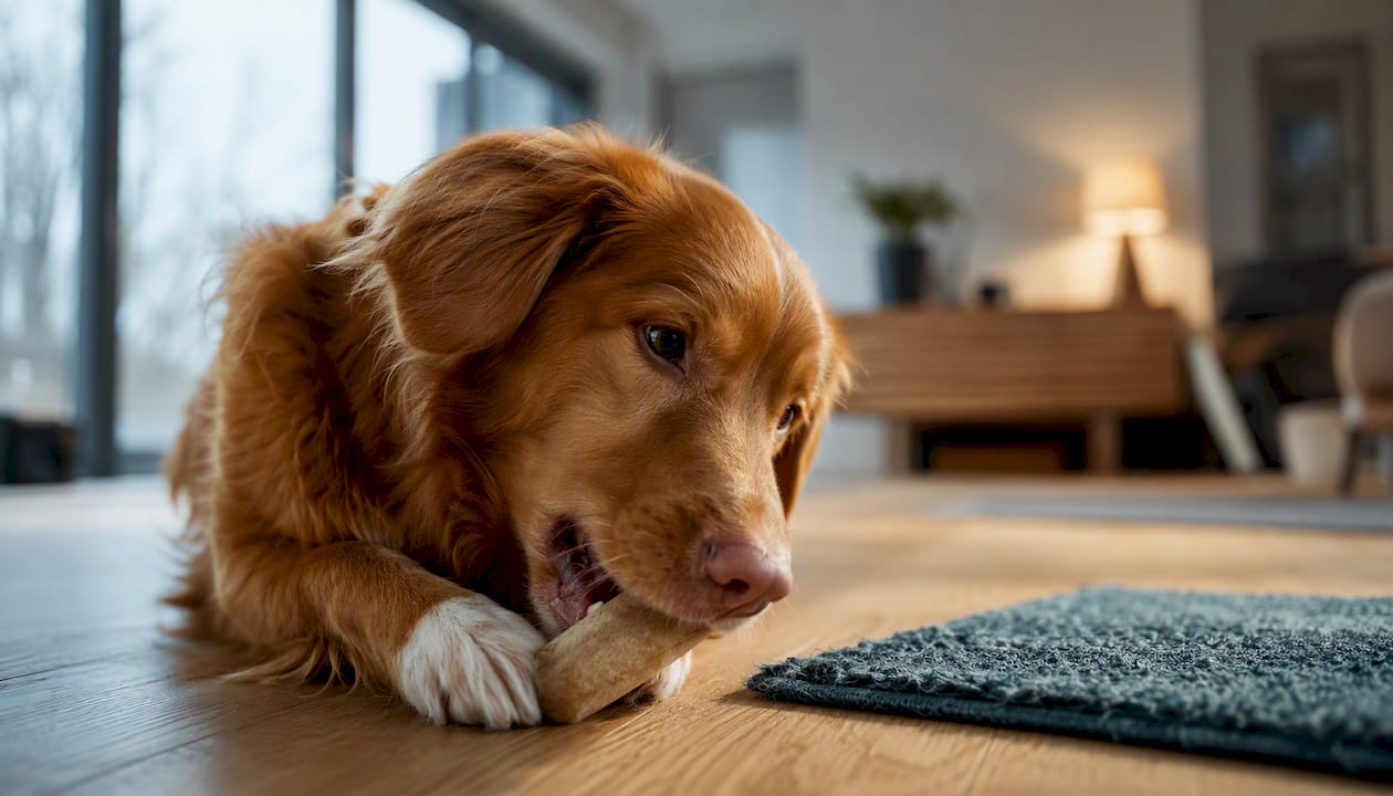 Hund hygger sig med et ubestemt tyggelegetøj