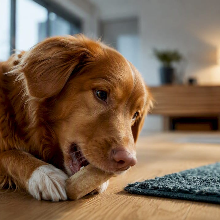 Hund hygger sig med et ubestemt tyggelegetøj
