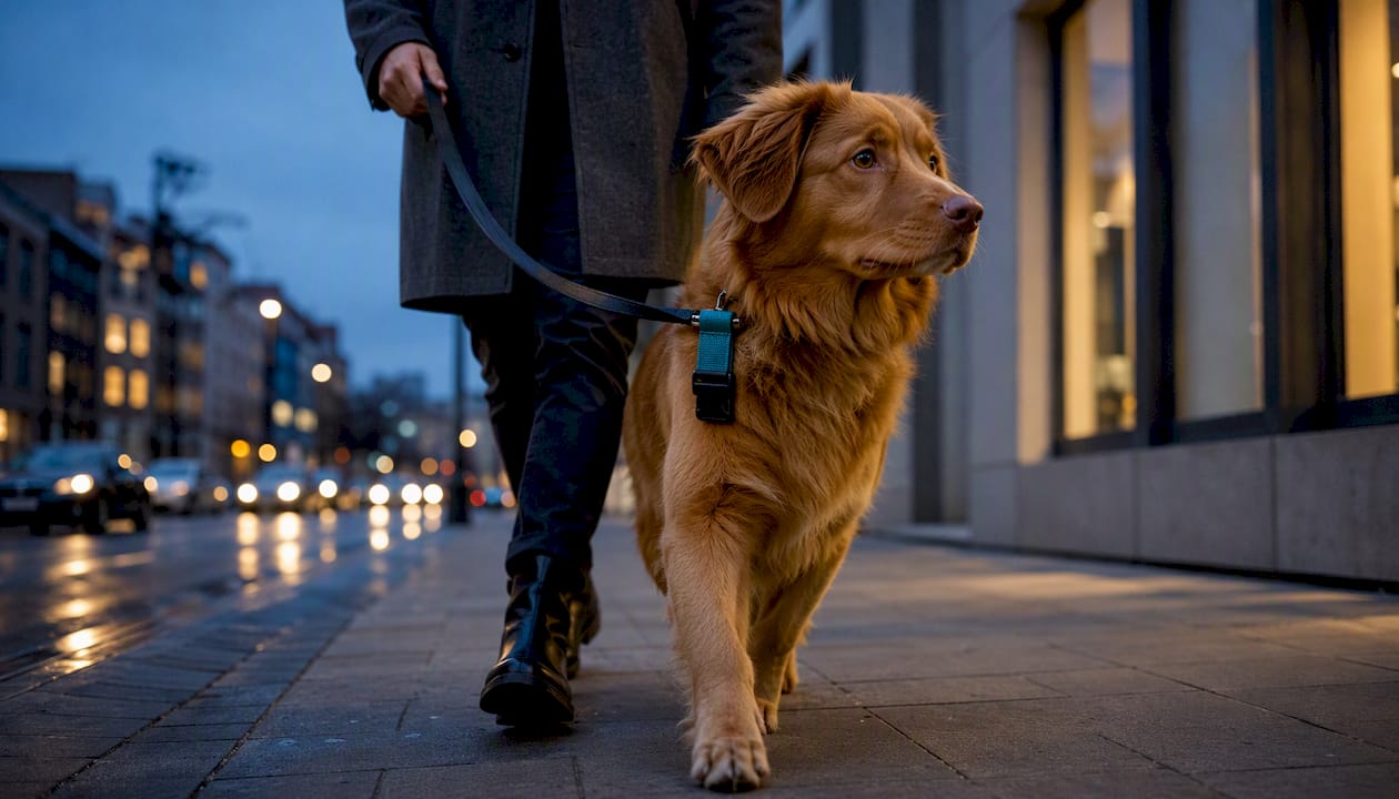 Hund går trygt gennem byen med diskret udstyr