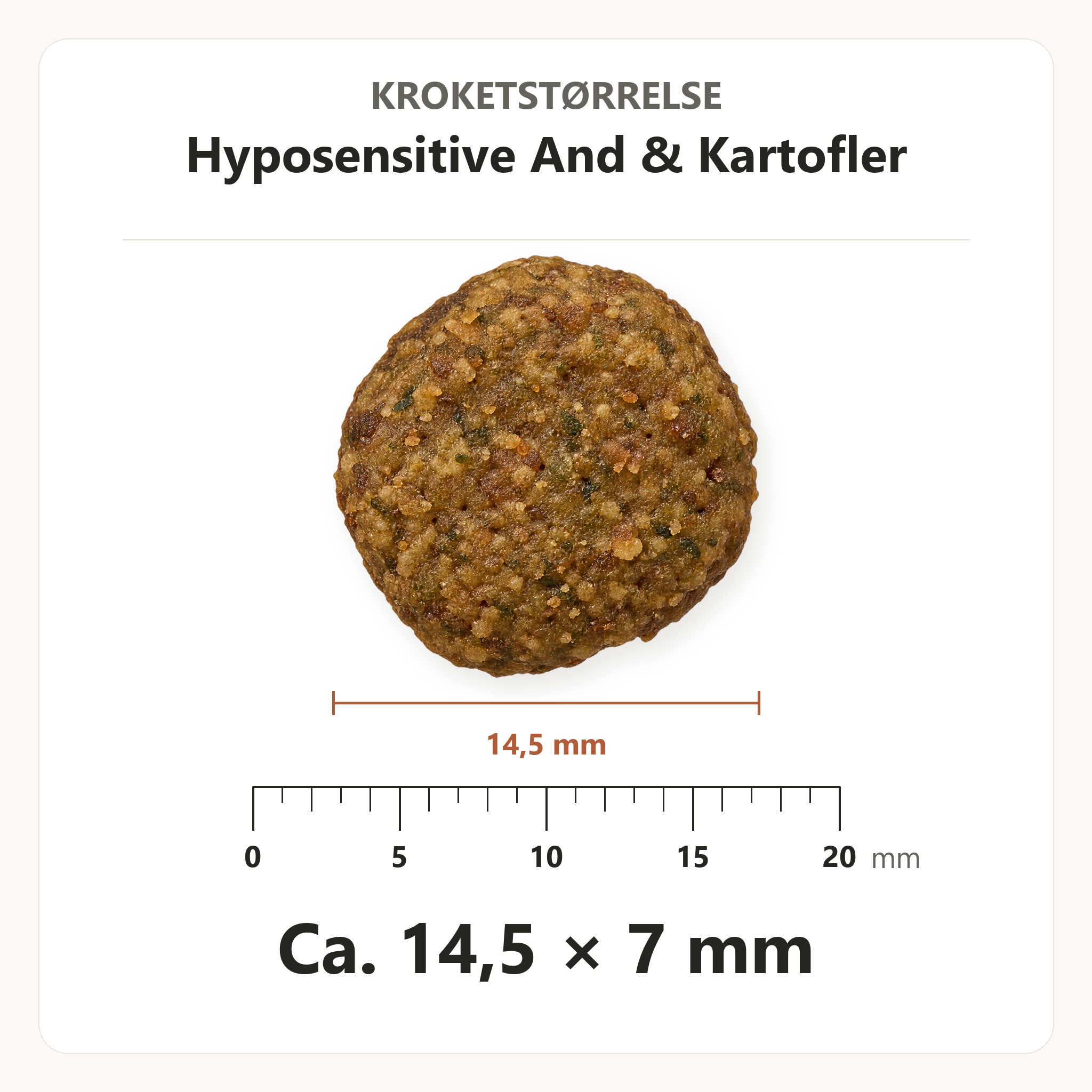 Kroketstørrelse for Dr. Clauder's Hyposensitive And & Kartofler: ca. 14,5 × 7 mm vist ved en mm-lineal.