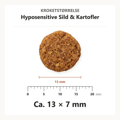 Kroketstørrelse for Dr. Clauder's Hyposensitive Sild & Kartofler: ca. 13 × 7 mm vist ved en mm-lineal.