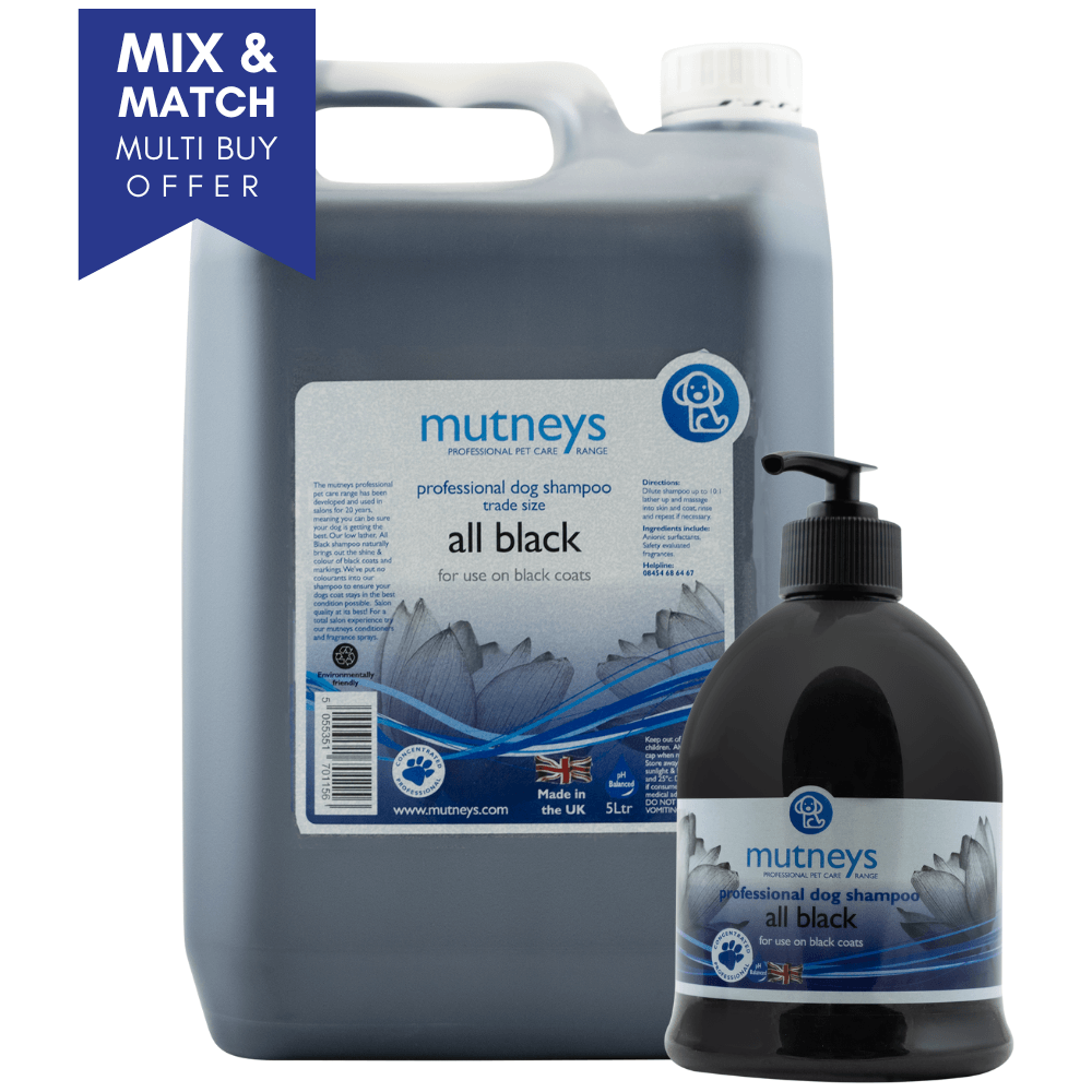 Mutneys All Black Hundeshampoo særdeles velegnet til sorte, blå og sølv hunde